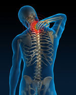 Skeletal image of man touching his painful upper back