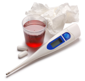Thermometer, tissues, and sore throat medication
